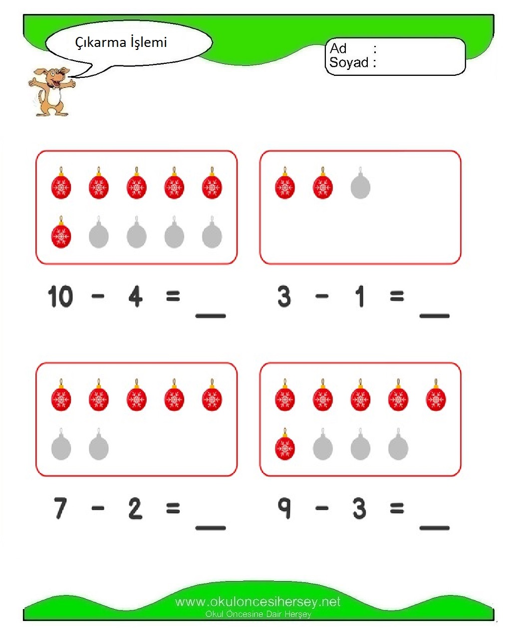 okul öncesi çocuklar için Çıkarma İşlemi çalışma sayfaları